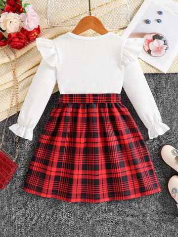Young Girls Red Plaid 2 In 1 Lantern Sleeve Knee-Length Dress, Spring/Autumn