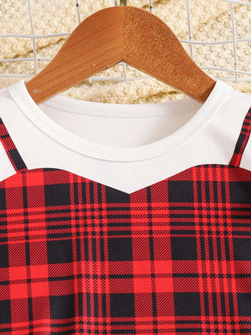 Young Girls Red Plaid 2 In 1 Lantern Sleeve Knee-Length Dress, Spring/Autumn