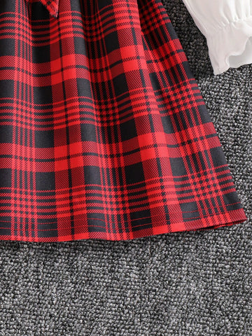 Young Girls Red Plaid 2 In 1 Lantern Sleeve Knee-Length Dress, Spring/Autumn