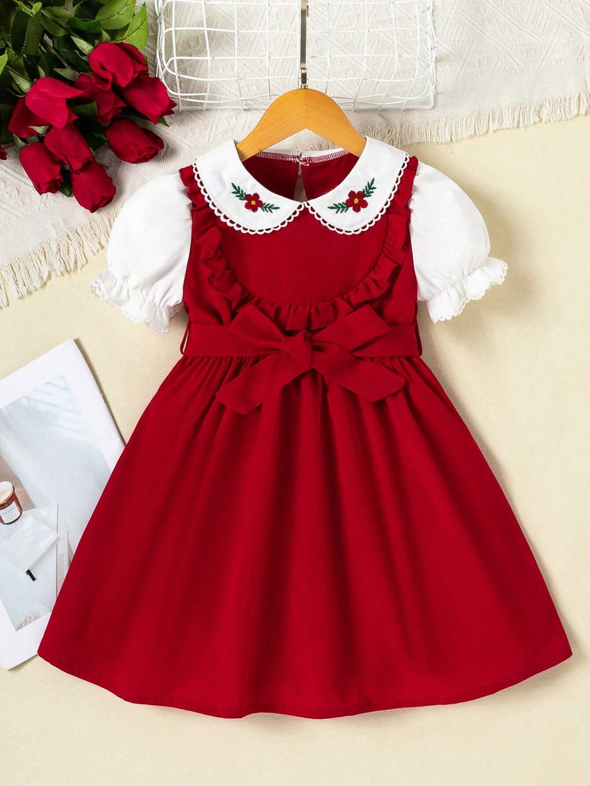 Young Girl's Red & White Doll Collar Flounce Embroidered Short Sleeve Summer Dress