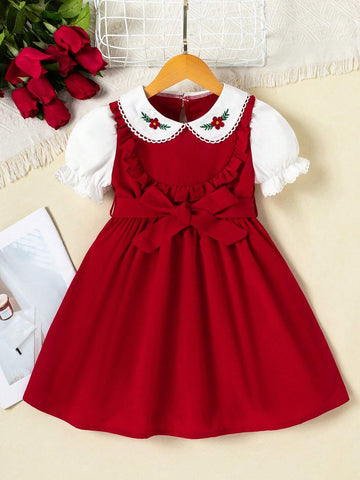Young Girl's Red & White Doll Collar Flounce Embroidered Short Sleeve Summer Dress