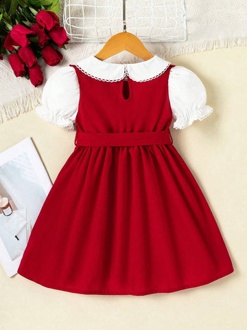 Young Girl's Red & White Doll Collar Flounce Embroidered Short Sleeve Summer Dress