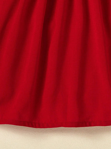 Young Girl's Red & White Doll Collar Flounce Embroidered Short Sleeve Summer Dress