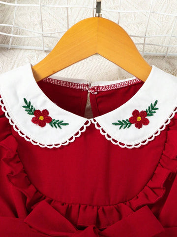 Young Girl's Red & White Doll Collar Flounce Embroidered Short Sleeve Summer Dress