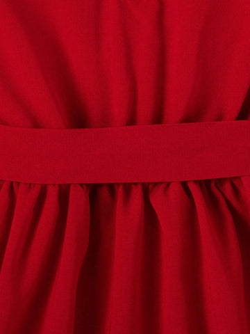 Young Girl's Red & White Doll Collar Flounce Embroidered Short Sleeve Summer Dress