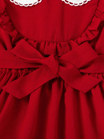 Young Girl's Red & White Doll Collar Flounce Embroidered Short Sleeve Summer Dress