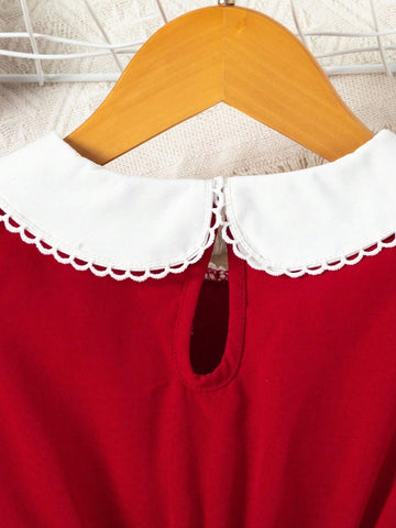 Young Girl's Red & White Doll Collar Flounce Embroidered Short Sleeve Summer Dress