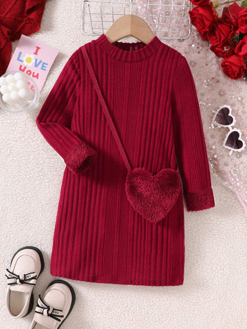 Young Girls Ribbed Knit Patchwork Fuzzy Cuff Casual Dress With Heart Shaped Crossbody Bag, Autumn/Winter