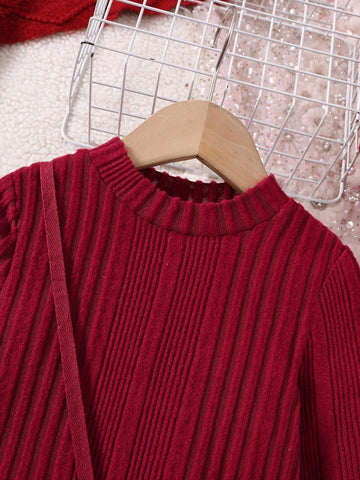 Young Girls Ribbed Knit Patchwork Fuzzy Cuff Casual Dress With Heart Shaped Crossbody Bag, Autumn/Winter