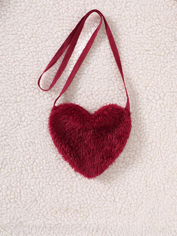 Young Girls Ribbed Knit Patchwork Fuzzy Cuff Casual Dress With Heart Shaped Crossbody Bag, Autumn/Winter