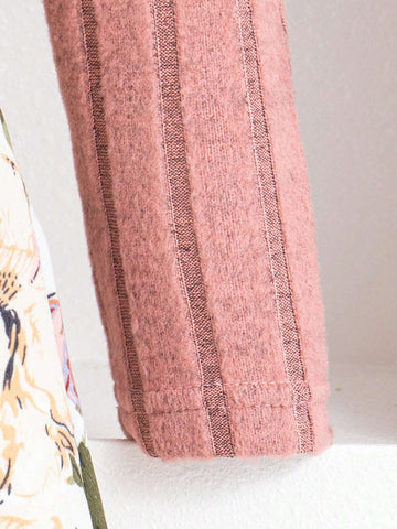 Young Girls' Ribbed Knit Top With Floral Print Dress + Belt