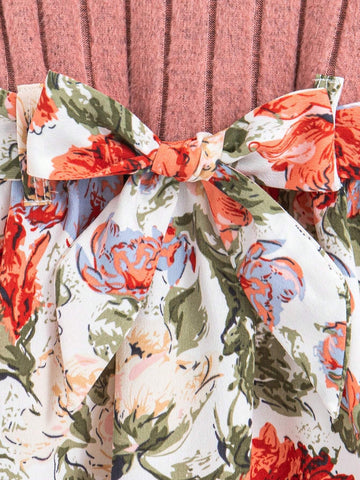 Young Girls' Ribbed Knit Top With Floral Print Dress + Belt