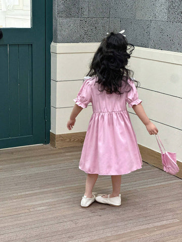 Young Girl's Romantic Butterfly Bow Summer Dress With Ruffled Hem And Decorative Bag In Pink