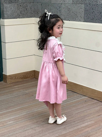 Young Girl's Romantic Butterfly Bow Summer Dress With Ruffled Hem And Decorative Bag In Pink