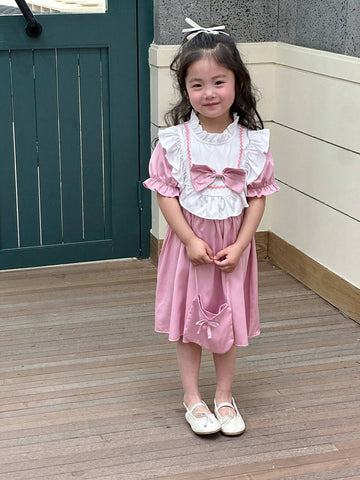 Young Girl's Romantic Butterfly Bow Summer Dress With Ruffled Hem And Decorative Bag In Pink