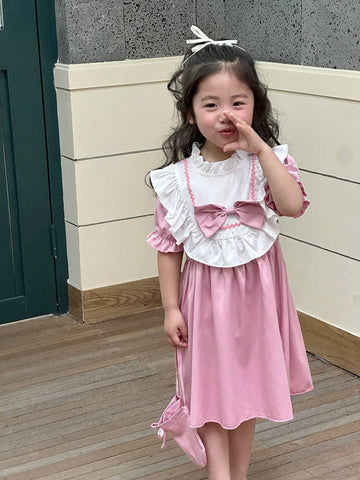Young Girl's Romantic Butterfly Bow Summer Dress With Ruffled Hem And Decorative Bag In Pink