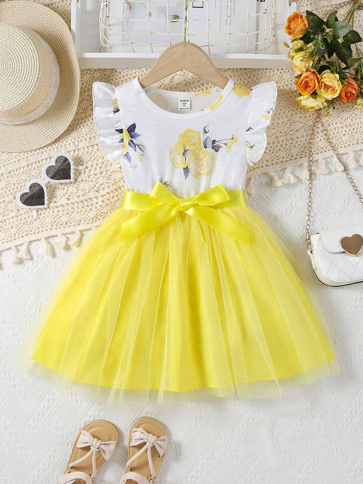 Young Girls' Romantic Elegant Rose Printed Mesh Splicing Dress With Belt, Featuring Round Neck And Short Flutter Sleeves, Summer