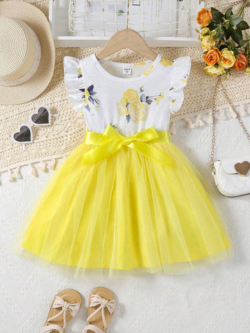 Young Girls' Romantic Elegant Rose Printed Mesh Splicing Dress With Belt, Featuring Round Neck And Short Flutter Sleeves, Summer