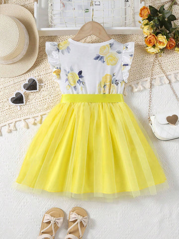 Young Girls' Romantic Elegant Rose Printed Mesh Splicing Dress With Belt, Featuring Round Neck And Short Flutter Sleeves, Summer