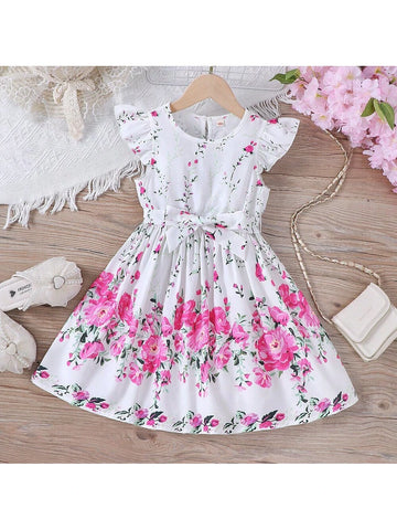 Young Girls' Romantic Floral Print Dress Suitable For Summer Vacation