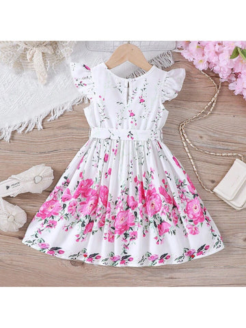 Young Girls' Romantic Floral Print Dress Suitable For Summer Vacation