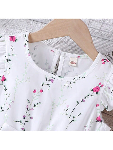 Young Girls' Romantic Floral Print Dress Suitable For Summer Vacation