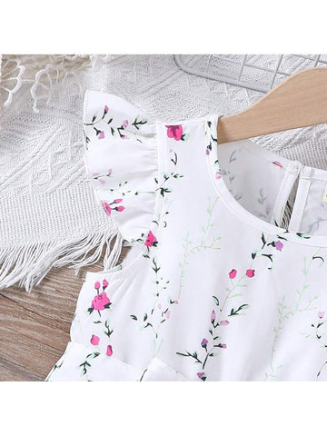 Young Girls' Romantic Floral Print Dress Suitable For Summer Vacation