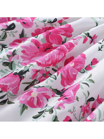 Young Girls' Romantic Floral Print Dress Suitable For Summer Vacation