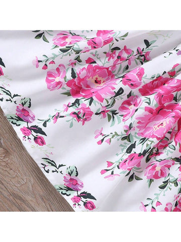 Young Girls' Romantic Floral Print Dress Suitable For Summer Vacation