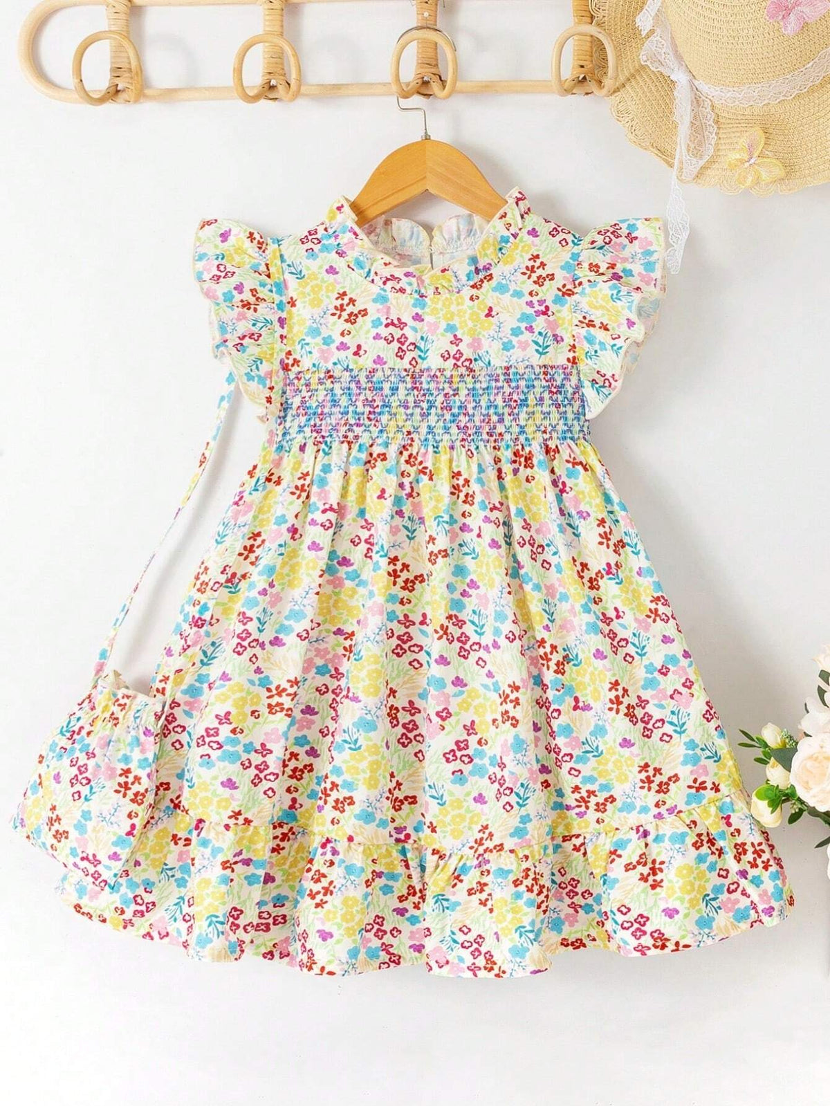 Young Girl's Romantic Floral Print Flying-Sleeved A-Line Dress With Flounce Hem And Ruffle Trim