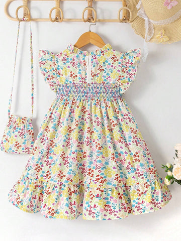 Young Girl's Romantic Floral Print Flying-Sleeved A-Line Dress With Flounce Hem And Ruffle Trim