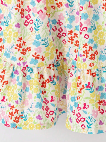 Young Girl's Romantic Floral Print Flying-Sleeved A-Line Dress With Flounce Hem And Ruffle Trim