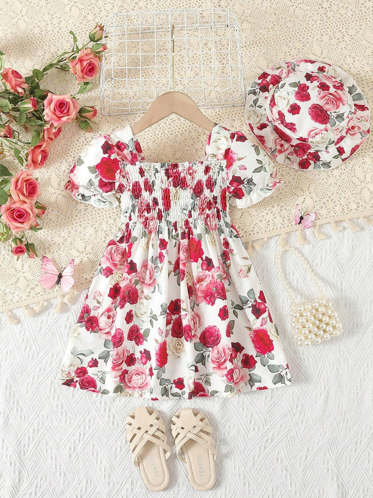 Young Girls' Romantic Gorgeous Flower Printed Bubble Sleeve Dress For Summer