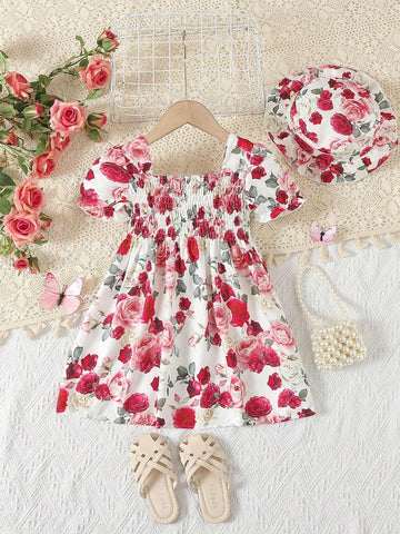 Young Girls' Romantic Gorgeous Flower Printed Bubble Sleeve Dress For Summer