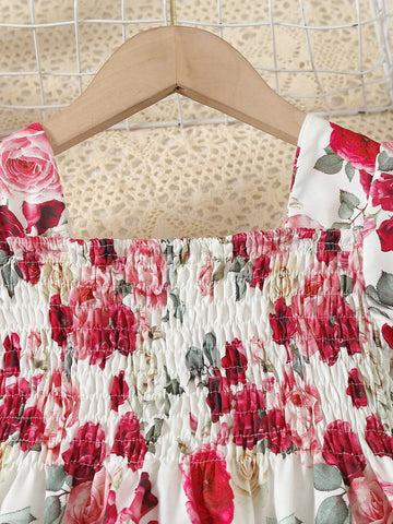 Young Girls' Romantic Gorgeous Flower Printed Bubble Sleeve Dress For Summer