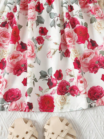 Young Girls' Romantic Gorgeous Flower Printed Bubble Sleeve Dress For Summer