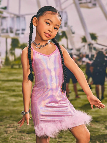 Young Girls' Romantic Pink Laser Holographic Silver Foil & Furry Splice Cami Dress Suit For Daily, Festival, Summer
