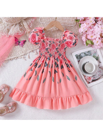Young Girls' Romantic Rose Print Vacation Style Summer Dress