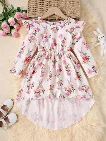Young Girls' Round Collar Water Drop Ditsy Floral Long Sleeve Casual Dress, Autumn/Winter