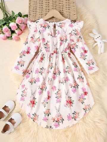 Young Girls' Round Collar Water Drop Ditsy Floral Long Sleeve Casual Dress, Autumn/Winter