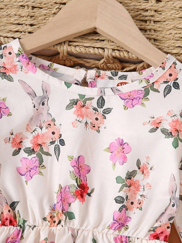 Young Girls' Round Collar Water Drop Ditsy Floral Long Sleeve Casual Dress, Autumn/Winter