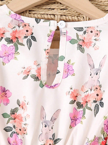 Young Girls' Round Collar Water Drop Ditsy Floral Long Sleeve Casual Dress, Autumn/Winter
