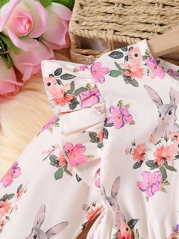 Young Girls' Round Collar Water Drop Ditsy Floral Long Sleeve Casual Dress, Autumn/Winter