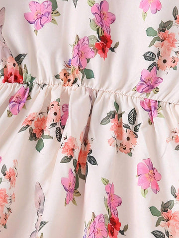 Young Girls' Round Collar Water Drop Ditsy Floral Long Sleeve Casual Dress, Autumn/Winter