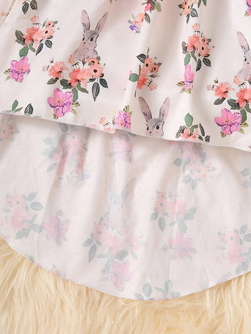 Young Girls' Round Collar Water Drop Ditsy Floral Long Sleeve Casual Dress, Autumn/Winter