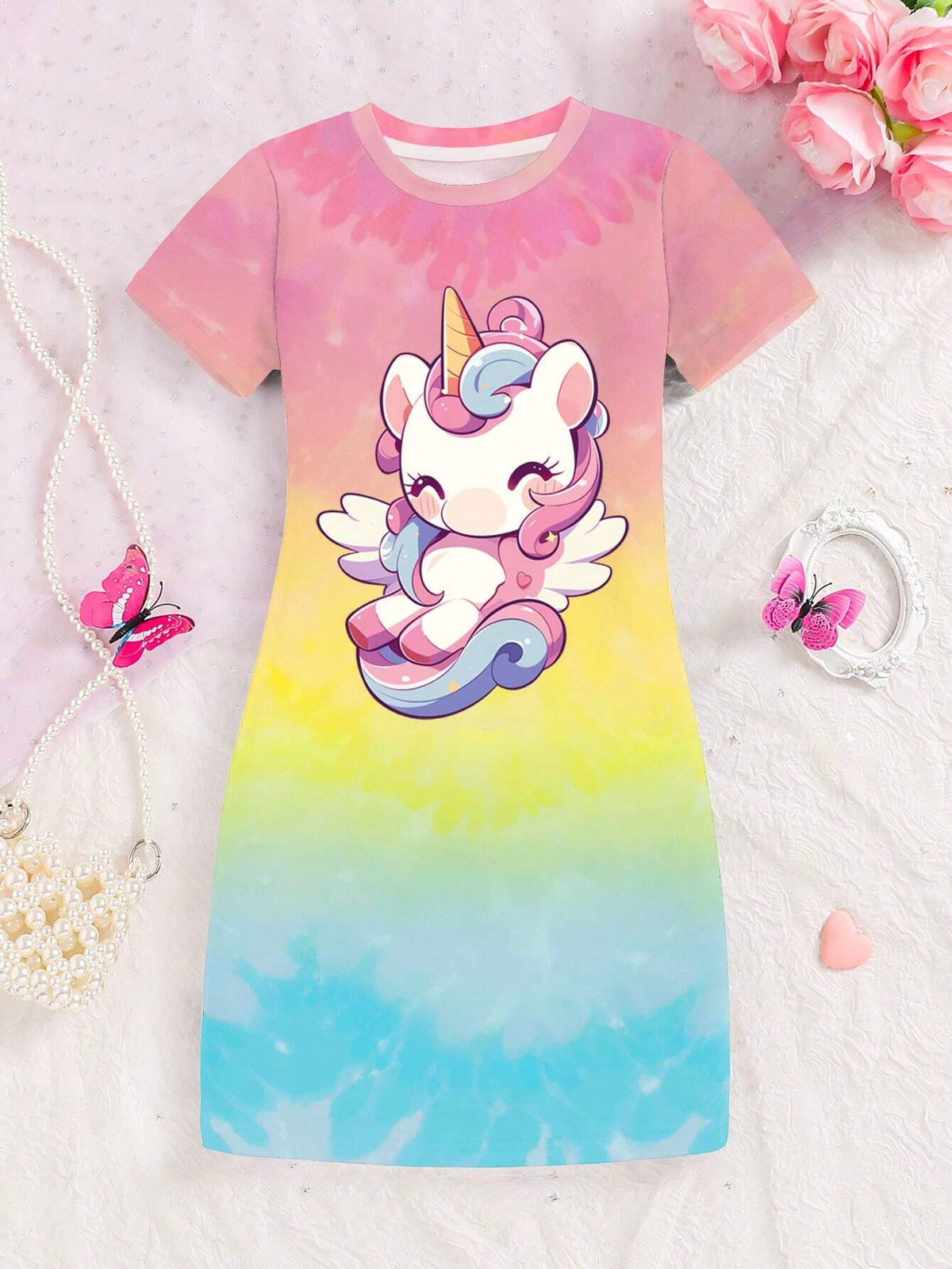 Young Girls' Round Neck Cartoon Printed Ombre Short Sleeve Dress For Summer
