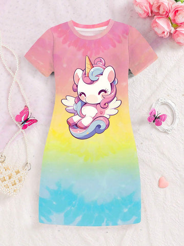 Young Girls' Round Neck Cartoon Printed Ombre Short Sleeve Dress For Summer