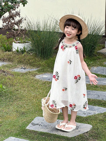 Young Girls' Round Neck Floral Embroidery Sleeveless Dress, Short In Front And Long In Back, Summer