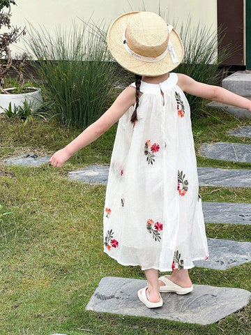 Young Girls' Round Neck Floral Embroidery Sleeveless Dress, Short In Front And Long In Back, Summer