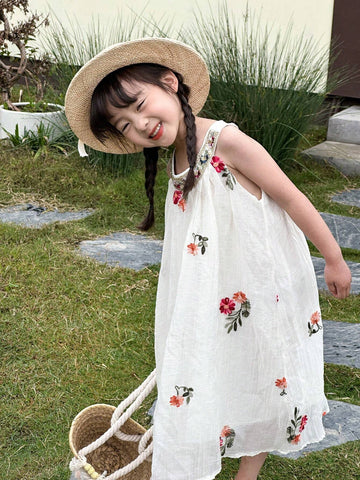 Young Girls' Round Neck Floral Embroidery Sleeveless Dress, Short In Front And Long In Back, Summer
